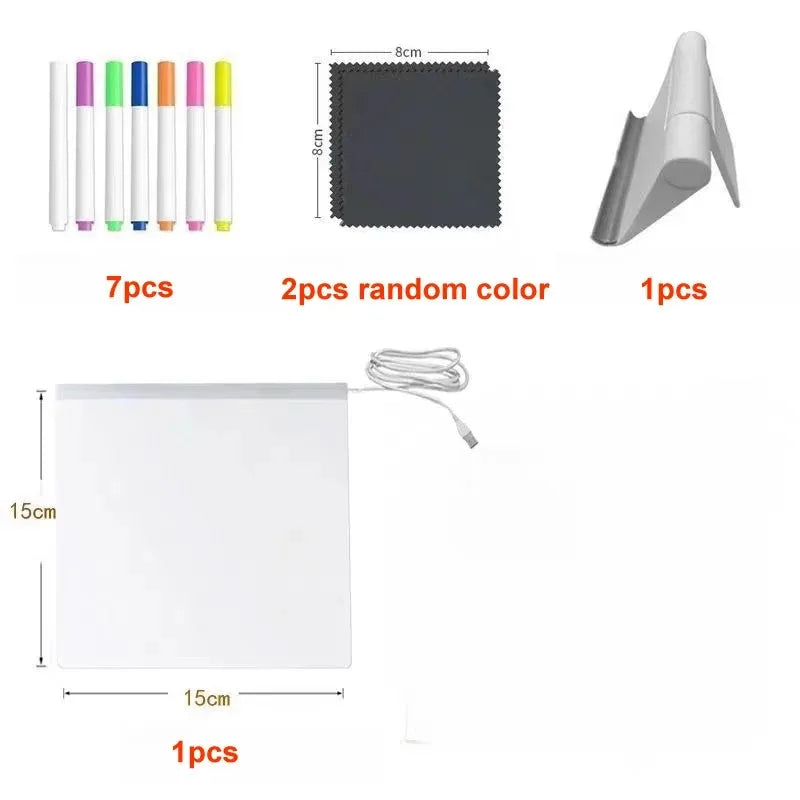 A set of glowing LED drawing board components including pens, a dark grid, and a white board.
