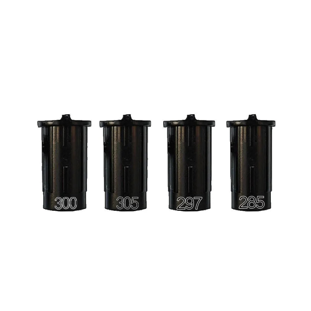 Four black archery arrow nocks labeled 300, 305, 297, and 285 arranged in a row.