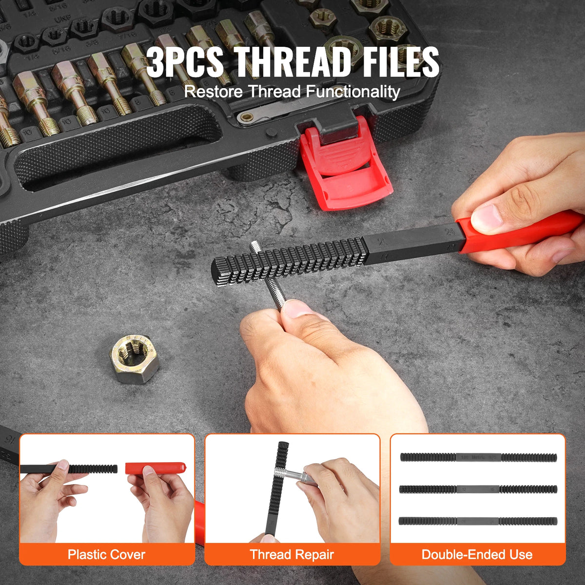 A hand uses a thread repair tool to fix threads on a black tool kit, showing plastic covers and double-ended use.