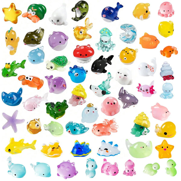 A collection of colorful mini ocean resin animal figurines including starfish, fish, and sea creatures.