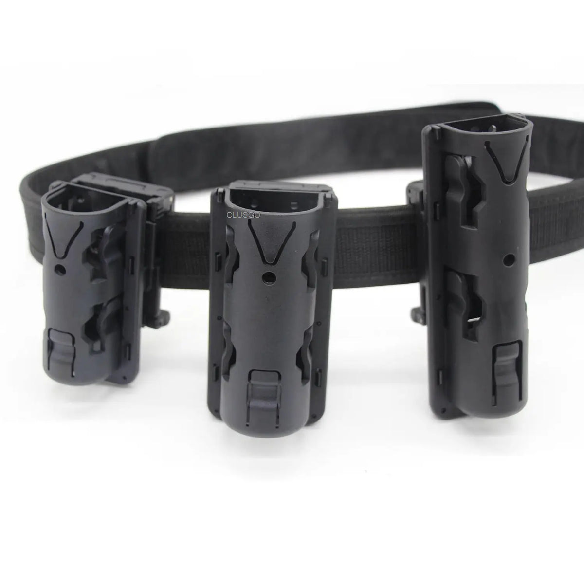 Black tactical duty belt holder with three rotating holders for securing gear.