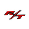 A metallic red and black Dodge SRT grille emblem featuring the stylized R/T logo.