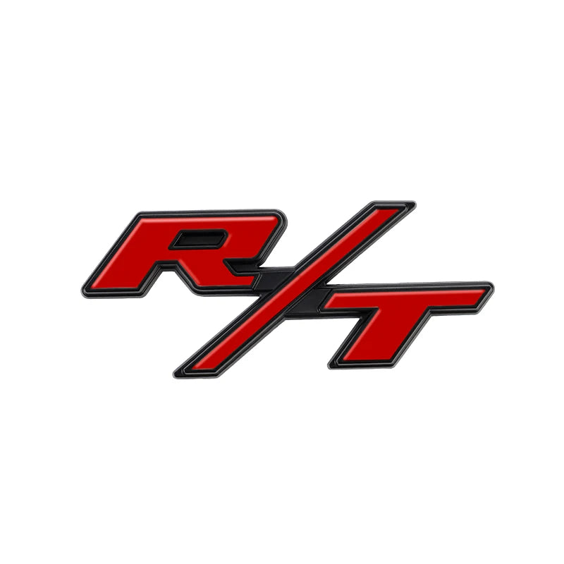 A metallic red and black Dodge SRT grille emblem featuring the stylized R/T logo.