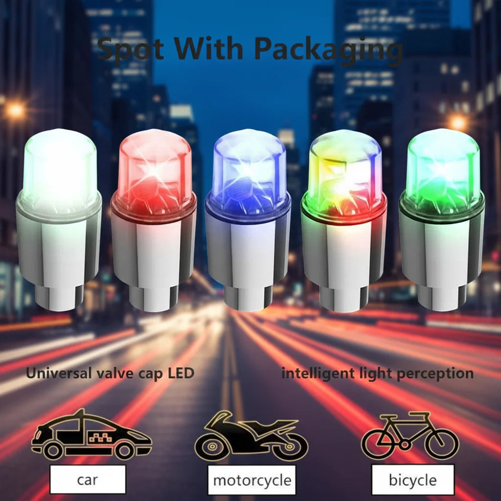 Four types of LED tire valve lights for car, motorcycle, and bicycle shown with packaging.