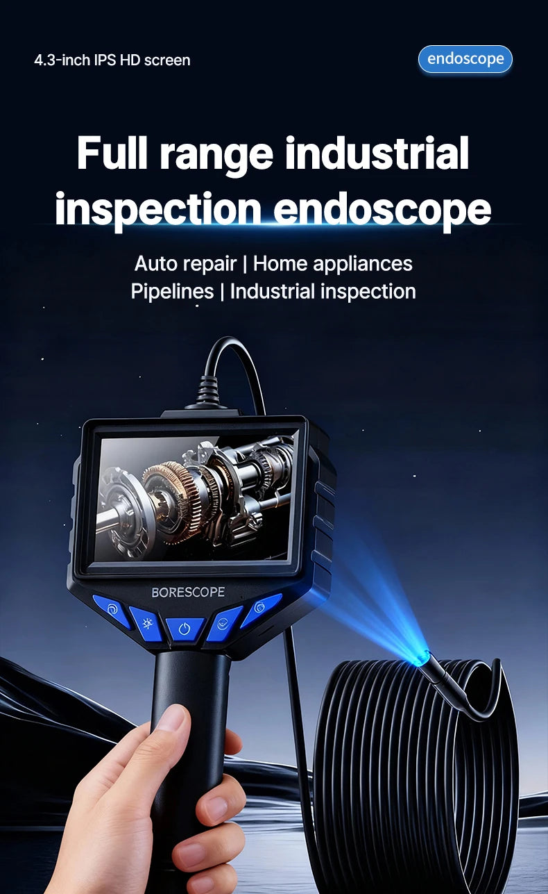 A hand holds a black industrial inspection endoscope with a 4.3-inch screen, inspecting a coiled pipe.