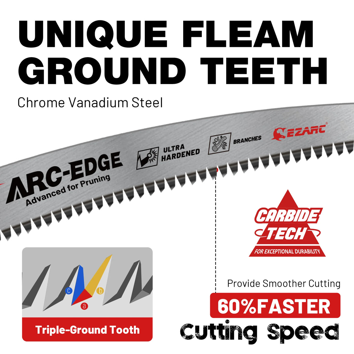 Close-up of an ARC-EDGE chrome vanadium steel fleam ground tooth saw blade for pruning and wood cutting
