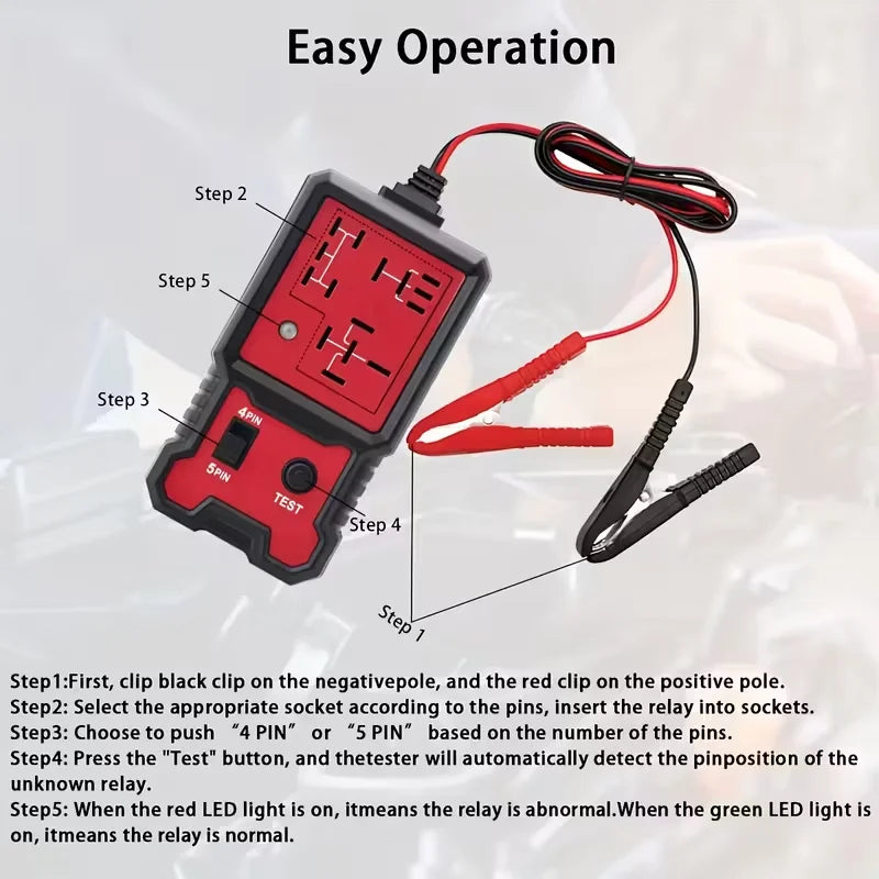 A compact 12V automotive relay tester with battery clamp showing five steps for easy operation.