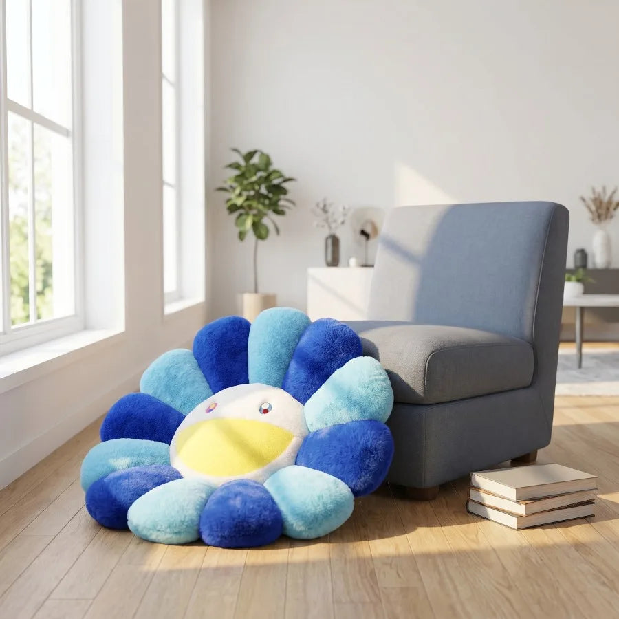 A cheerful sunflower plush cushion with a smiling face in blue and yellow sits on a wooden floor next to a gray armchair.