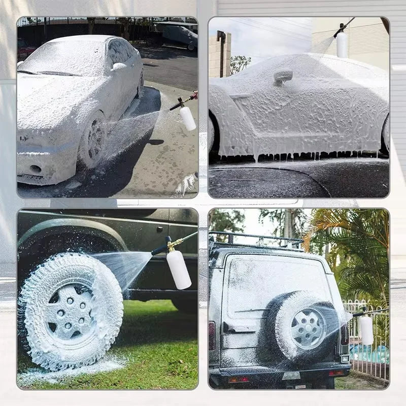 Three images show a foam cannon car wash kit cleaning a silver car and a truck with water spray.