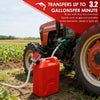 An orange fuel transfer pump is shown connected to a tractor, transferring liquid from a container into the engine.