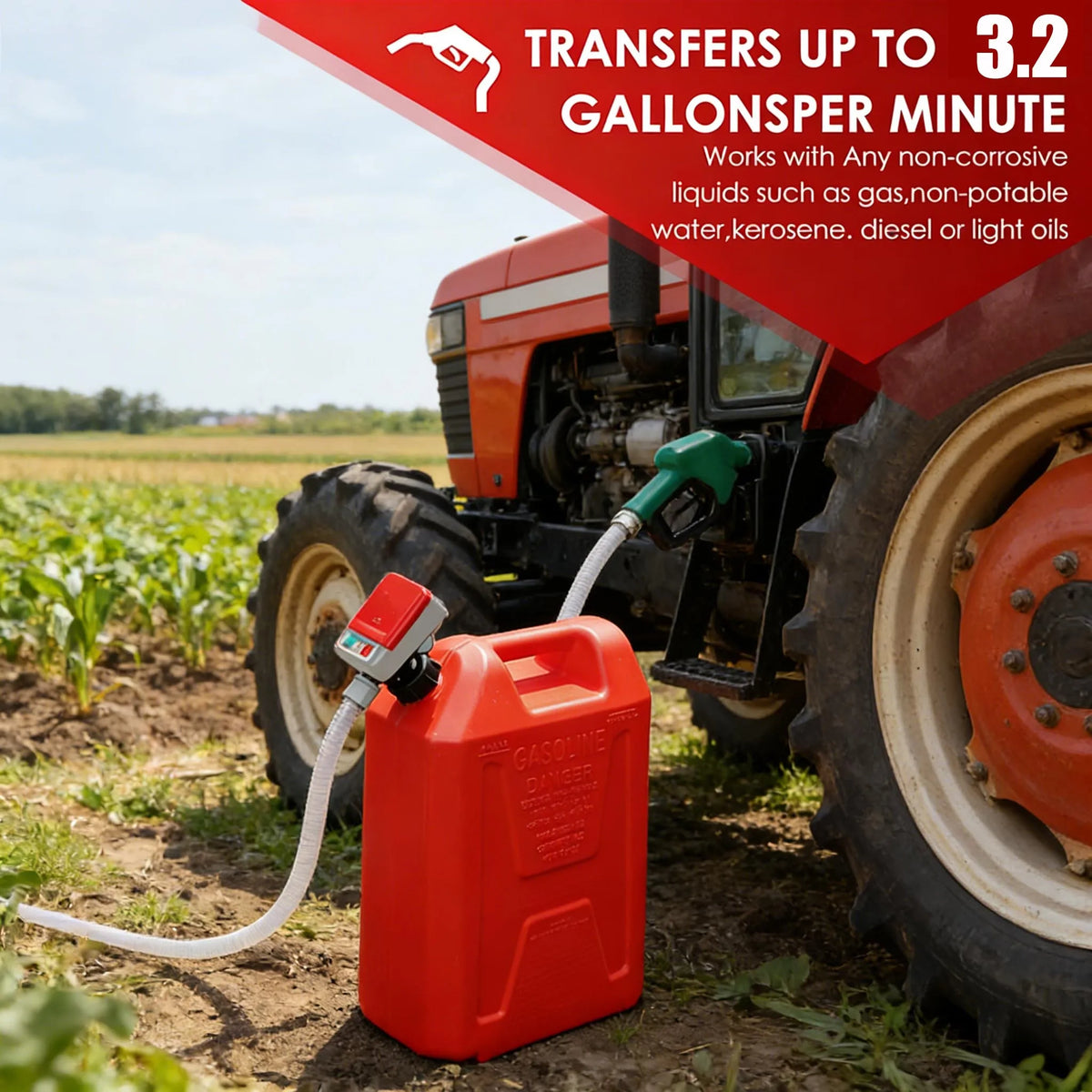 An orange fuel transfer pump is shown connected to a tractor, transferring liquid from a container into the engine.