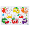 A wooden alphabet and number peg puzzle set featuring various fruits like apple, lemon, orange, banana, cherry, watermelon, a