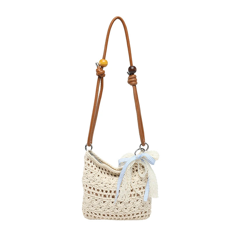 Boho Crochet Straw Shoulder Bag with Ribbon Bow