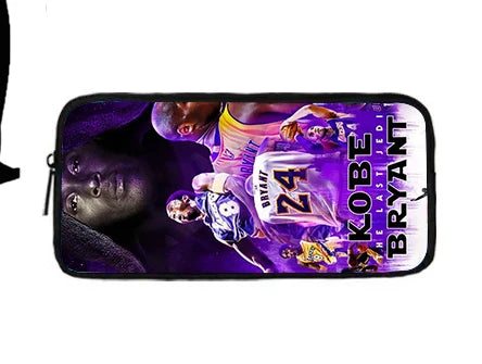 A black zippered pouch featuring a basketball theme with a player silhouette and text