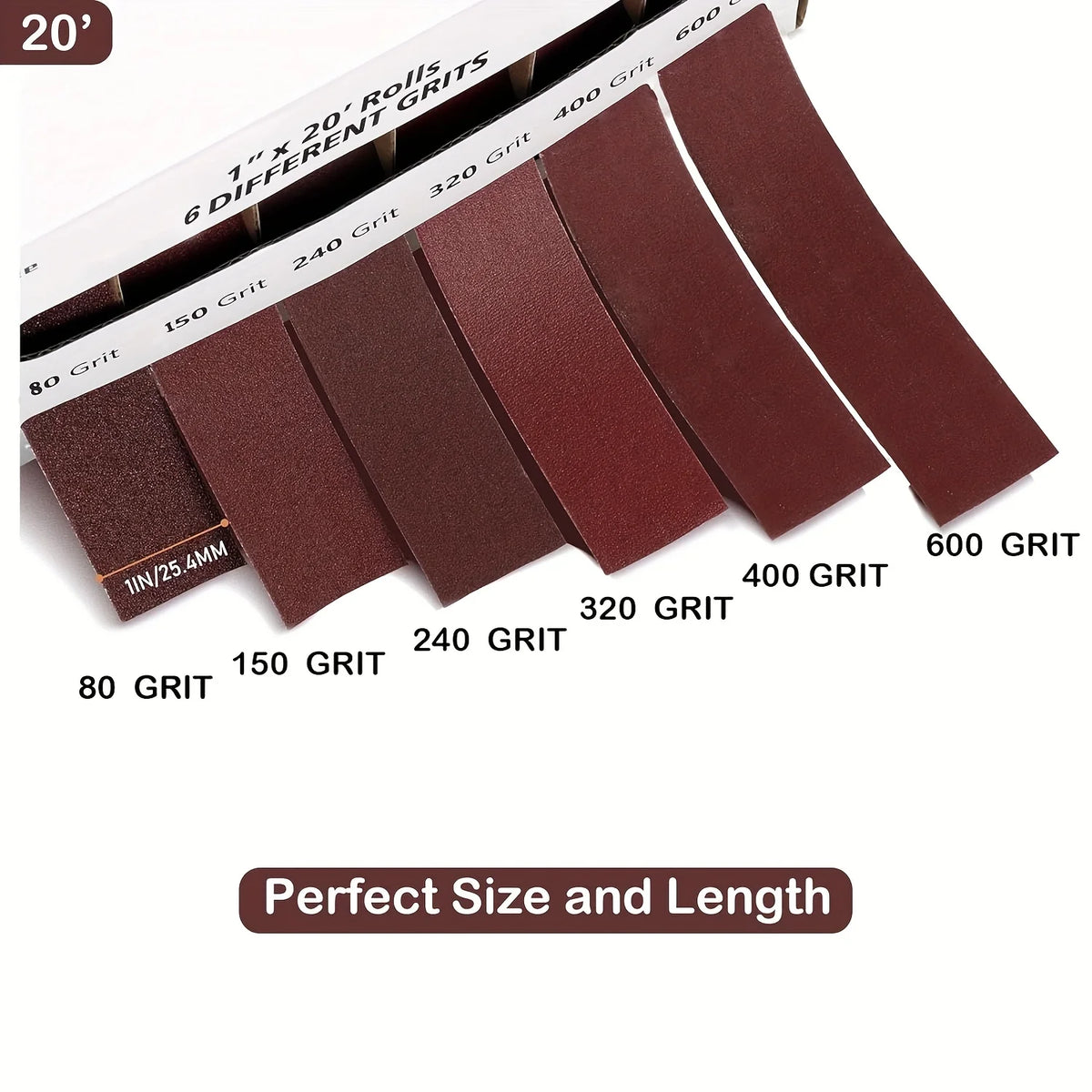 A set of six different grit sandpaper rolls ranging from 80 Grit to 600 Grit displayed on a wooden dispenser.