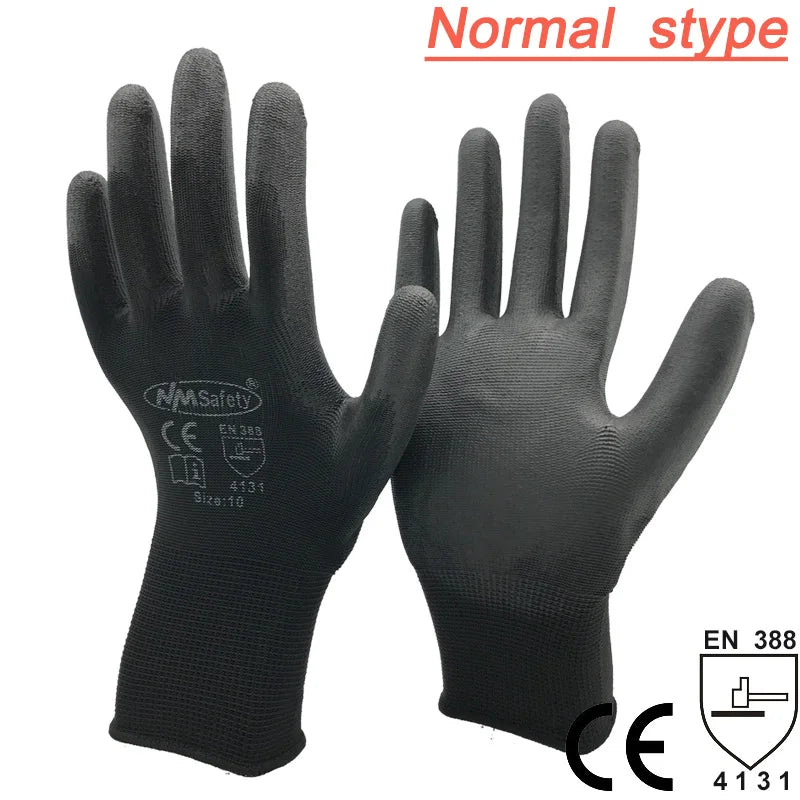 A pair of black breathable PU-coated work gloves shown in a normal style with CE certification markings.