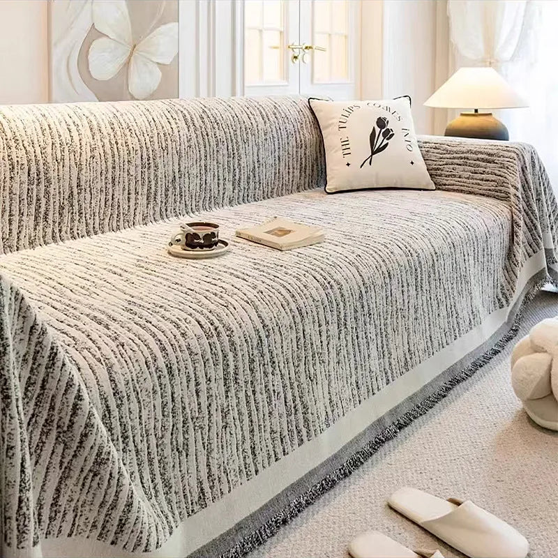 Thick Chenille Sofa Cover with Tassel Fringe — Scratch Resistant & Reversible