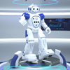 A white RC robot with blue accents is displayed on a platform under bright lighting, demonstrating intelligent sensing.