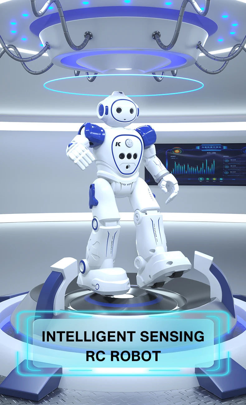 A white RC robot with blue accents is displayed on a platform under bright lighting, demonstrating intelligent sensing.
