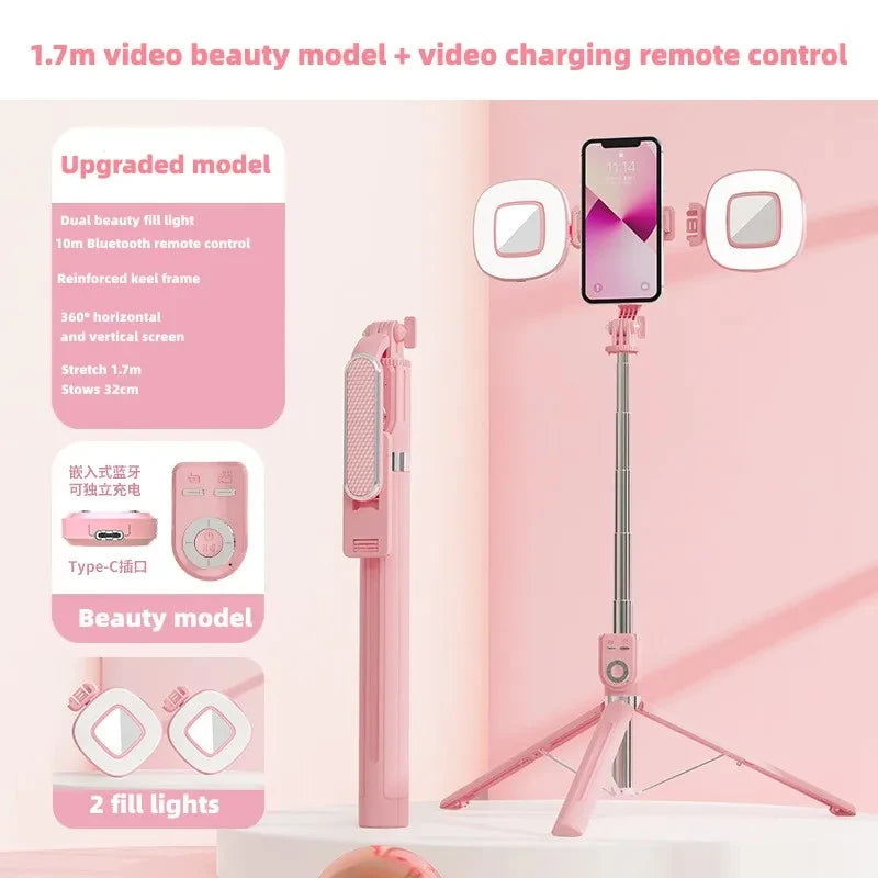 Eine rosa Video-Beauty-Model mit einem Licht, montiert auf einem Stativ zum Filmen.