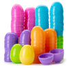 A collection of colorful fillable plastic Easter eggs in various shades of pink, blue, orange, and green.