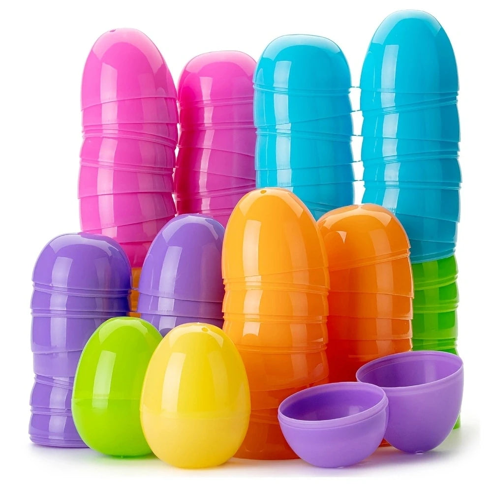 A collection of colorful fillable plastic Easter eggs in various shades of pink, blue, orange, and green.