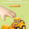 A yellow diecast construction vehicle set featuring an excavator and bulldozer, shown with a hand demonstrating smooth rounde
