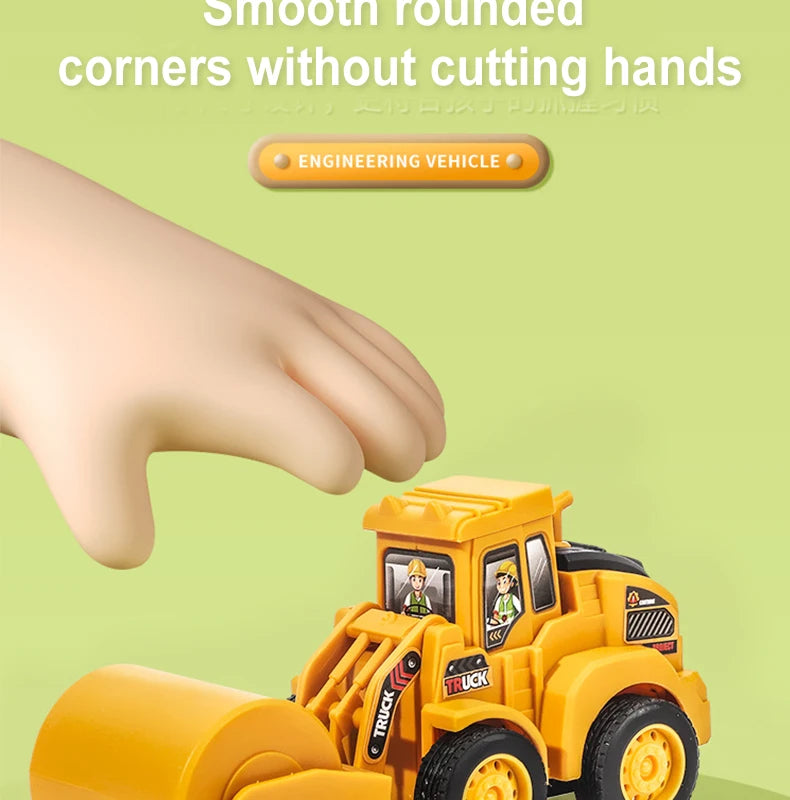 A yellow diecast construction vehicle set featuring an excavator and bulldozer, shown with a hand demonstrating smooth rounde