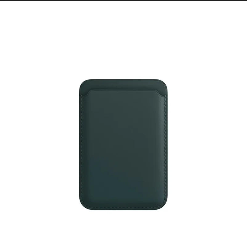 A dark gray leather wallet case designed for MagSafe compatibility.