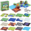 A collection of magnetic building blocks base plates in various colors and patterns, including green, blue, red, and gray.