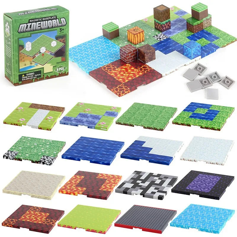 A collection of magnetic building blocks base plates in various colors and patterns, including green, blue, red, and gray.