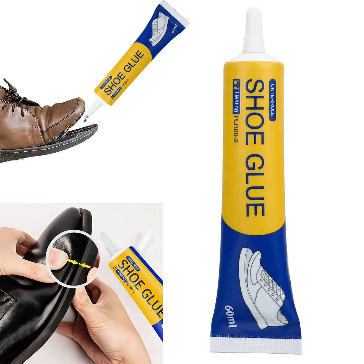 Gelbe Schuhkleberflasche mit Düse und Applikator neben einem Leder-Schuh, der von einer Hand aufgetragen wird