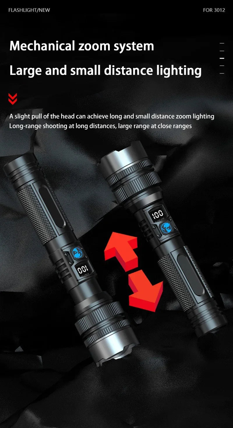 A pair of mechanical zoom lighting systems showing the optical components and digital display features.