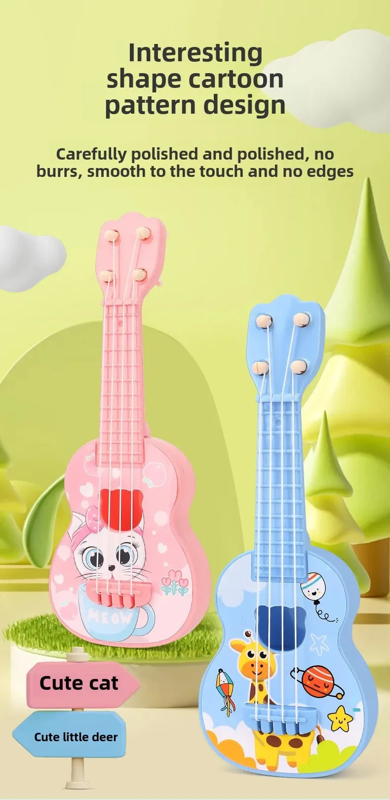 Pink and blue miniature ukulele toy guitars featuring cute cat and deer designs