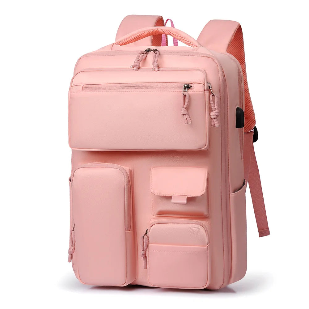 A pink travel backpack with multiple compartments and a laptop sleeve.