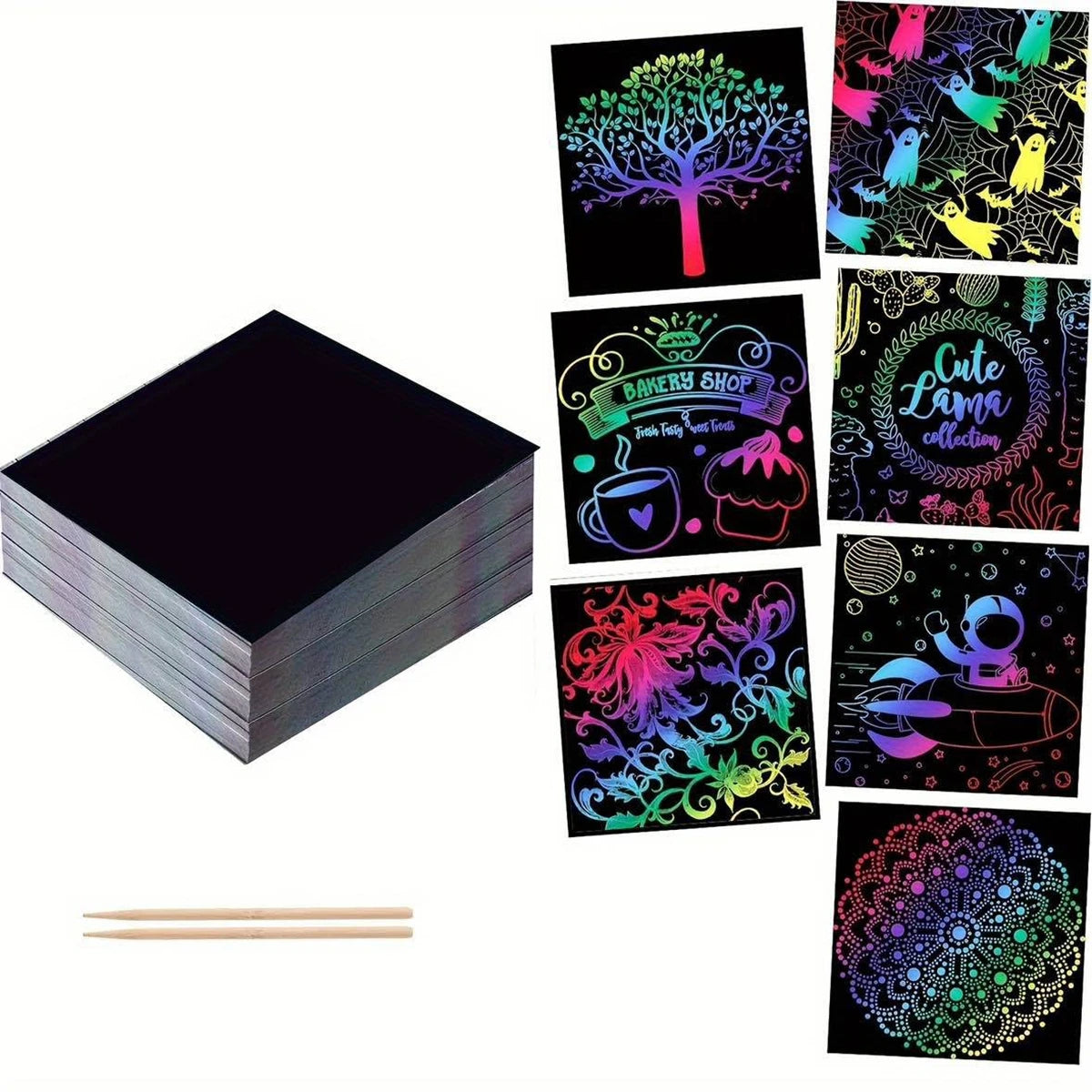 A set of colorful scratch art paper sheets and a wooden stylus for creating designs.