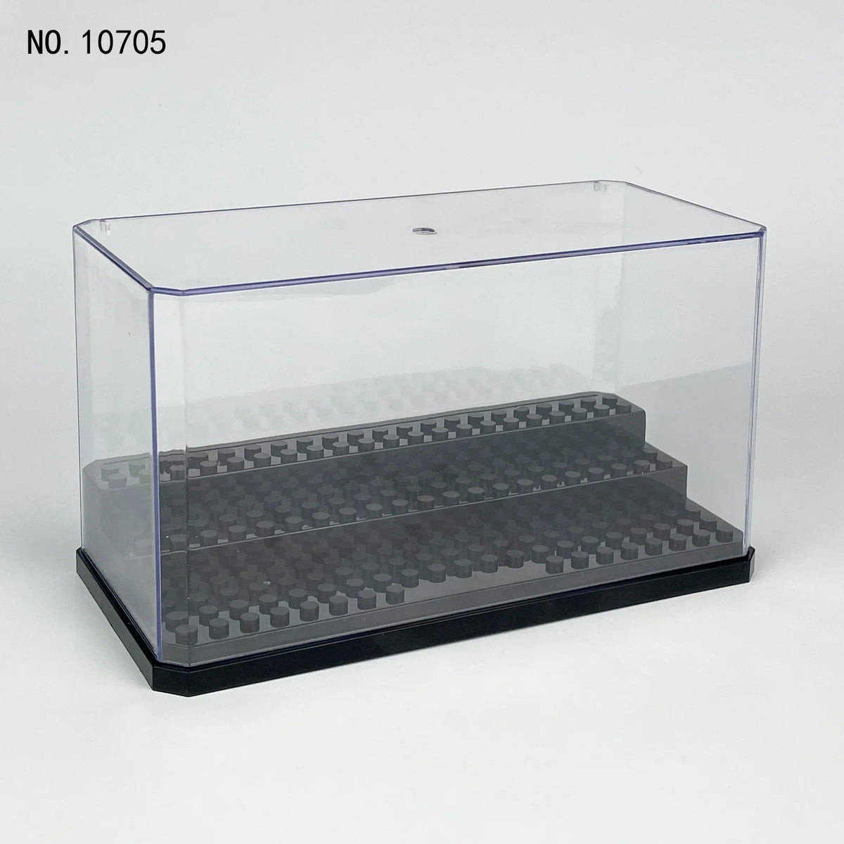 A clear acrylic display case with a black base and an internal grid for holding figurines or collectibles.