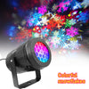 A black rotating projector light emitting colorful snowflake patterns onto a surface.