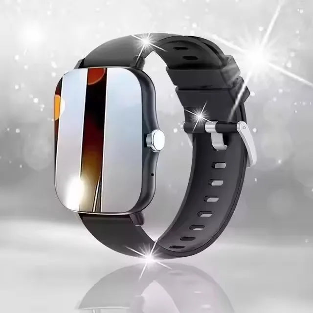 Schwarze Smartwatch mit silbernem Voll-Touchscreen und schwarzem Armband, reflektiert Licht.