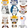 A collection of handcrafted crochet animal figurines, including a positive elephant, penguin, cat, moo, bee, and goose, each 