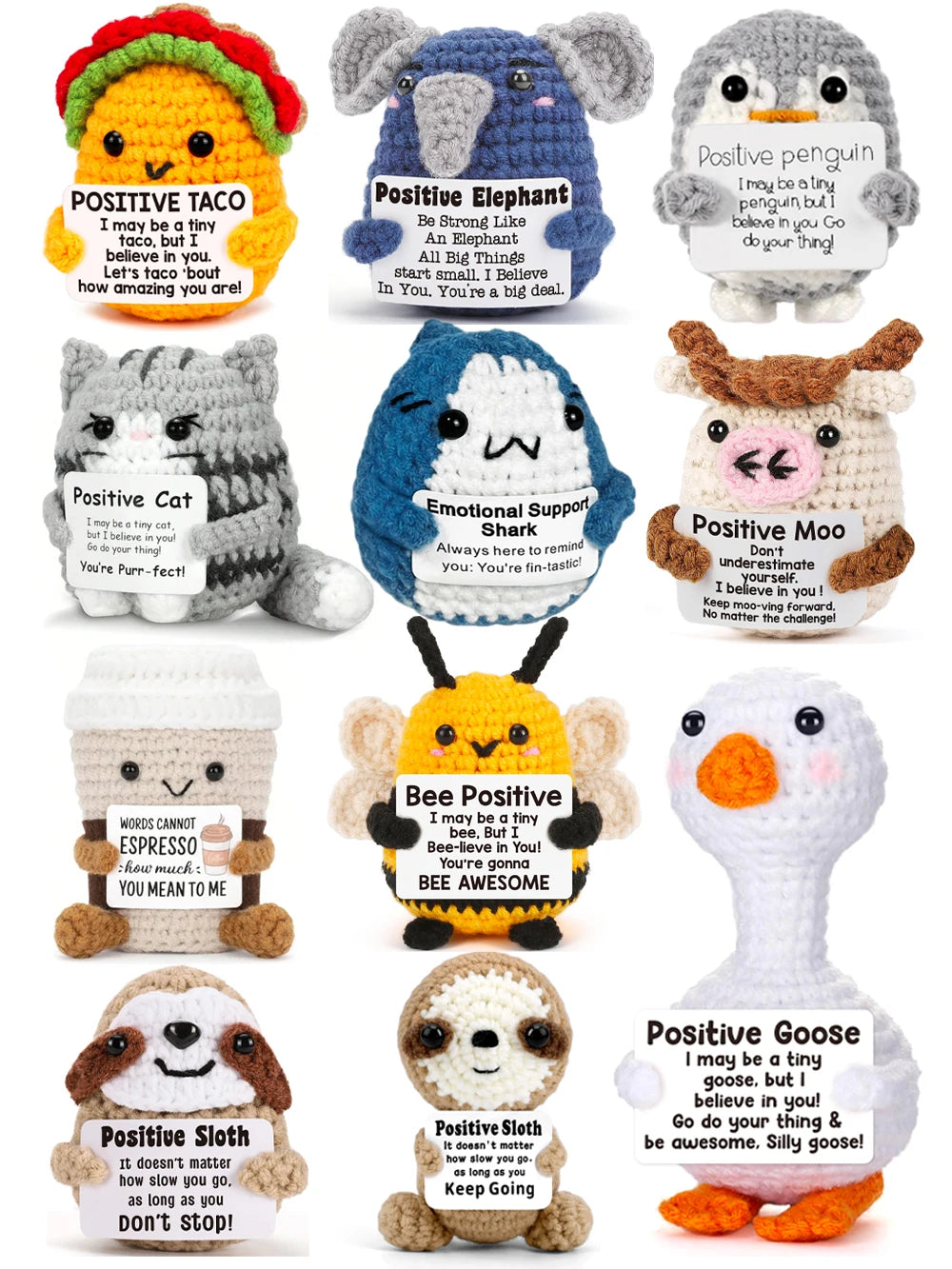 A collection of handcrafted crochet animal figurines, including a positive elephant, penguin, cat, moo, bee, and goose, each 