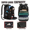 A black travel backpack with multiple compartments, including a top pocket and laptop storage section.