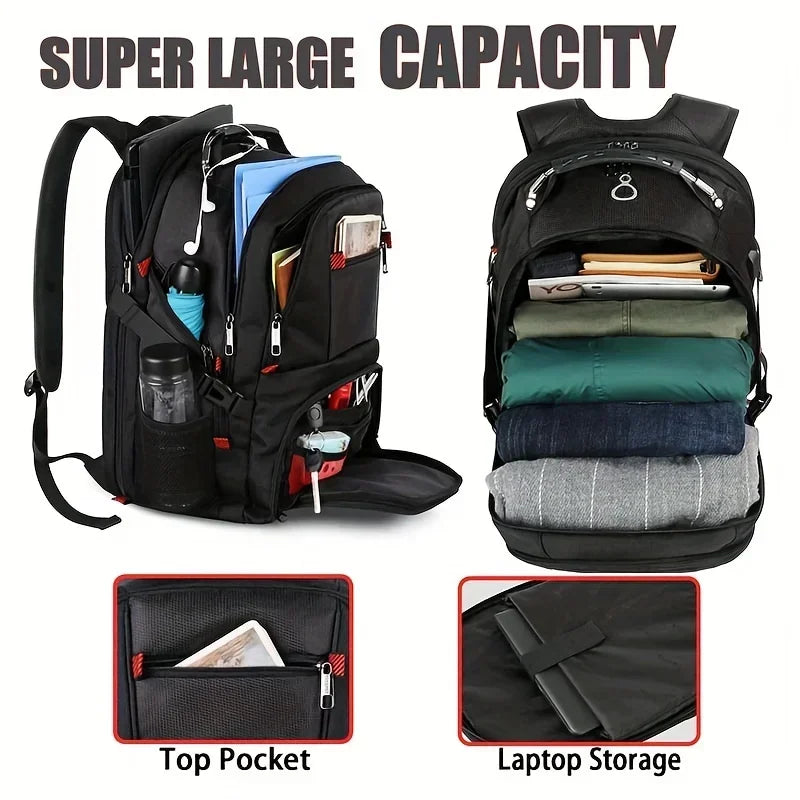 A black travel backpack with multiple compartments, including a top pocket and laptop storage section.