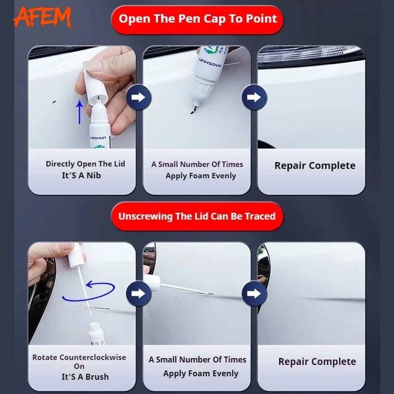 Demonstration of using an automotive touch-up paint pen to repair scratches on a white surface.