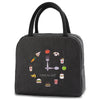 Black insulated lunch bag featuring various food icons like a fork, sandwich, and fruit.