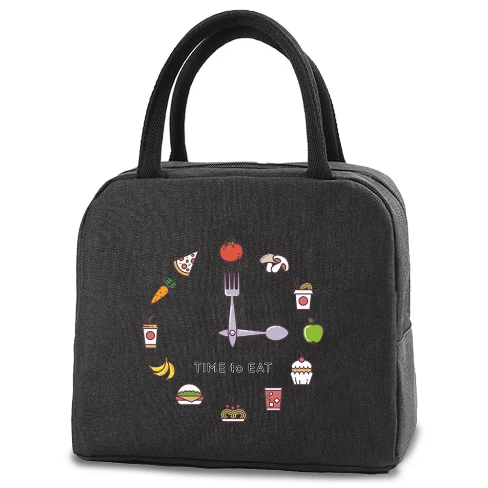 Black insulated lunch bag featuring various food icons like a fork, sandwich, and fruit.