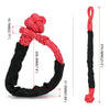 A red synthetic winch rope and recovery ring set with a black protective sleeve shown in various views.