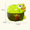 A bright lime green dinosaur bubble machine with yellow accents, shown from the top view.