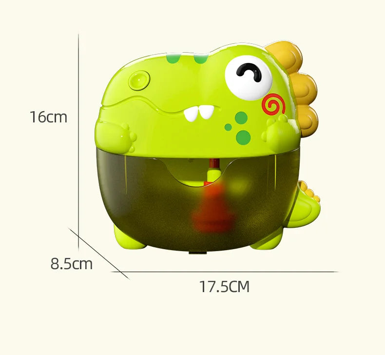 A bright lime green dinosaur bubble machine with yellow accents, shown from the top view.