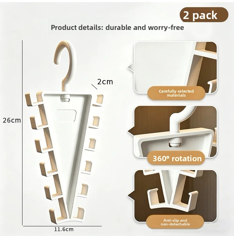 A white vertical space-saving closet organizer with 12 hooks demonstrating its durability and features.